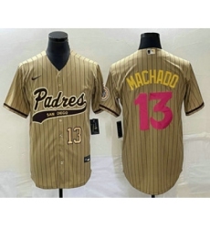 Men's San Diego Padres #13 Manny Machado Number Tan Pinstripe 2023 City Connect Cool Base Stitched Jersey