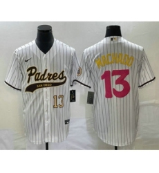 Men's San Diego Padres #13 Manny Machado Number White Pinstripe 2023 City Connect Cool Base Stitched Jersey