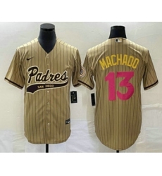 Men's San Diego Padres #13 Manny Machado Tan Pinstripe 2023 City Connect Cool Base Stitched Jersey