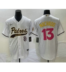 Men's San Diego Padres #13 Manny Machado White Pinstripe 2023 City Connect Cool Base Stitched Jersey 1