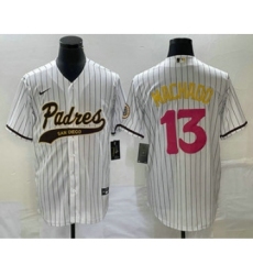 Men's San Diego Padres #13 Manny Machado White Pinstripe 2023 City Connect Cool Base Stitched Jersey