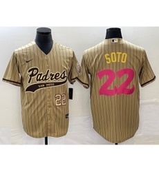 Men's San Diego Padres #22 Juan Soto Number Tan Pinstripe 2023 City Connect Cool Base Stitched Jersey