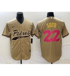 Men's San Diego Padres #22 Juan Soto Tan Pinstripe 2023 City Connect Cool Base Stitched Jersey 1