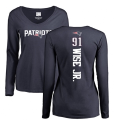 NFL Women's Nike New England Patriots #91 Deatrich Wise Jr Navy Blue Backer Slim Fit Long Sleeve T-Shirt