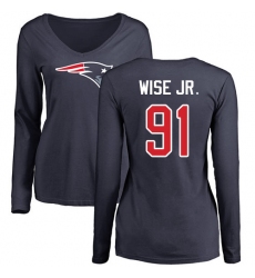 NFL Women's Nike New England Patriots #91 Deatrich Wise Jr Navy Blue Name & Number Logo Slim Fit Long Sleeve T-Shirt