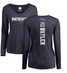 NFL Women's Nike New England Patriots #21 Malcolm Butler Navy Blue Backer Slim Fit Long Sleeve T-Shirt