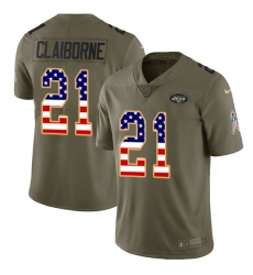 Youth Nike New York Jets #21 Morris Claiborne Limited Olive/USA Flag 2017 Salute to Service NFL Jersey