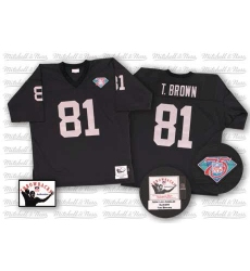 Mitchell and Ness Oakland Raiders #81 Tim Brown Black Team Color with 75TH Patch Authentic NFL Throwback Jersey