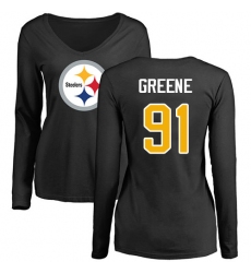 NFL Women's Nike Pittsburgh Steelers #91 Kevin Greene Black Name & Number Logo Slim Fit Long Sleeve T-Shirt