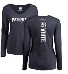 NFL Women's Nike New England Patriots #28 James White Navy Blue Backer Slim Fit Long Sleeve T-Shirt