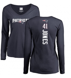 NFL Women's Nike New England Patriots #41 Cyrus Jones Navy Blue Backer Slim Fit Long Sleeve T-Shirt