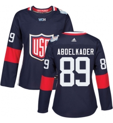 Women's Adidas Team USA #89 Justin Abdelkader Authentic Navy Blue Away 2016 World Cup Hockey Jersey