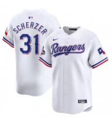 Men's Texas Rangers #31 Max Scherzer Nike White Home 2023 World Series Champions Limited Jersey