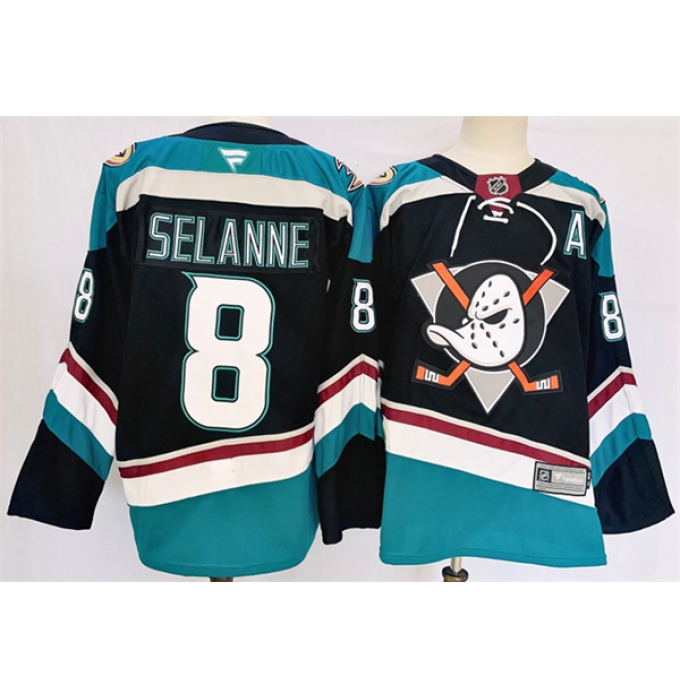 Men's Anaheim Ducks #8 Teemu Selanne Black Teal 2024-25 Stitched Jersey