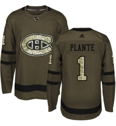 Men's Adidas Montreal Canadiens #1 Jacques Plante Authentic Green Salute to Service NHL Jersey