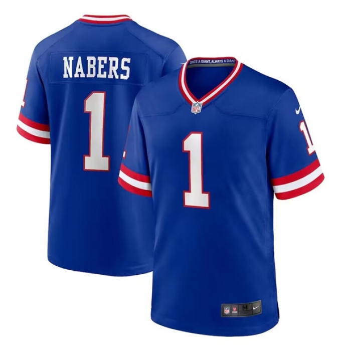 Men's New York Giants #1 Malik Nabers Royal Classic Football Stitched Game Jersey