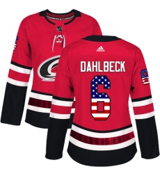 Women's Adidas Carolina Hurricanes #6 Klas Dahlbeck Authentic Red USA Flag Fashion NHL Jersey