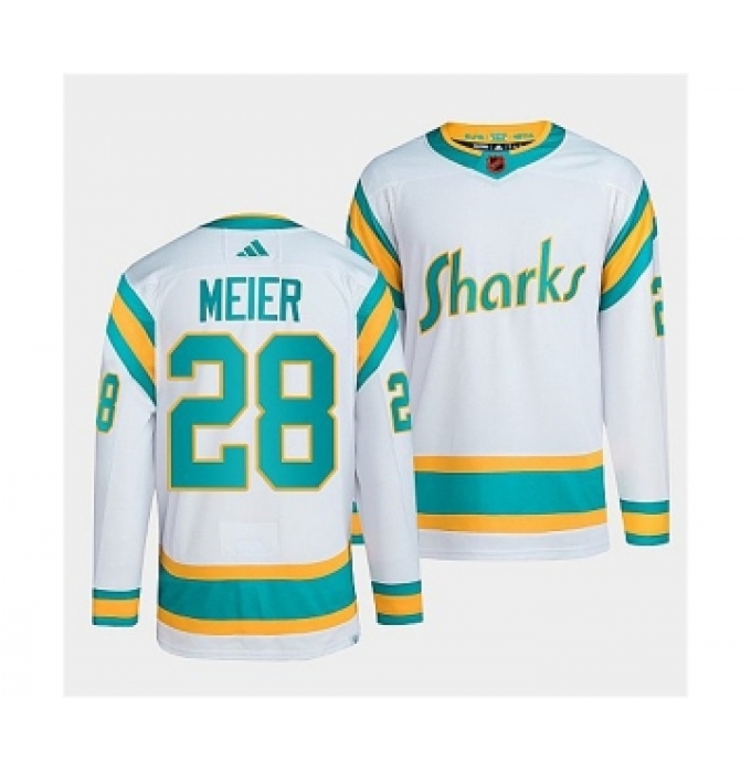 Men's San Jose Sharks #28 Timo Meier White 2022 Reverse Retro Stitched Jersey