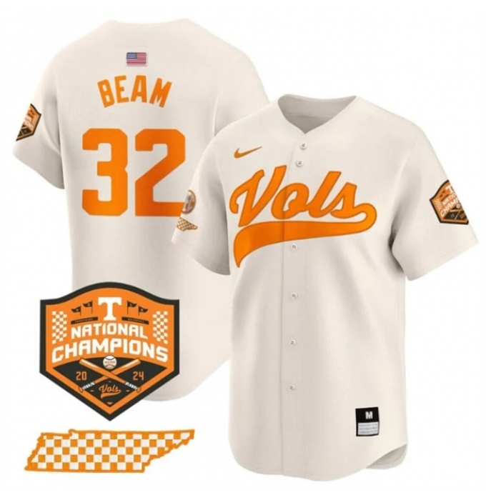 Men's Tennessee Volunteers #32 Drew Beam Cream 2024 Champions Vapor Limited Stitched Jersey