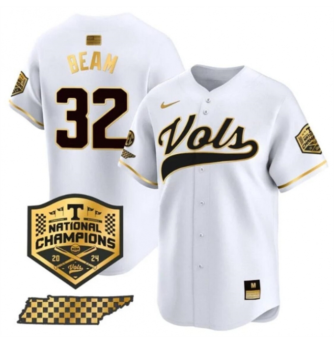 Men's Tennessee Volunteers #32 Drew Beam White Gold 2024 Champions Vapor Limited Stitched Jersey