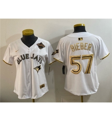 Youth Toronto Blue Jays #57 Shane Bieber White Gold 2025 American League Champions Limited Stitched Jersey