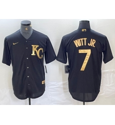 Men's Kansas City Royals #7 Bobby Witt Jr Black Gold Cool Base Stitched Jersey