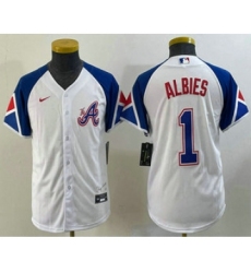 Youth Atlanta Braves #1 Ozzie Albies White 2023 City Connect Cool Base Stitched Jersey