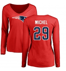 NFL Women's Nike New England Patriots #29 Sony Michel Red Name & Number Logo Slim Fit Long Sleeve T-Shirt