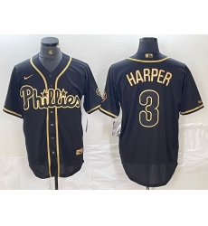 Men's Philadelphia Phillies #3 Bryce Harper Black Gold Cool Base Stitched Baseball Jersey