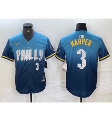 Men's Philadelphia Phillies #3 Bryce Harper Number Blue 2024 City Connect Limited Stitched Jersey