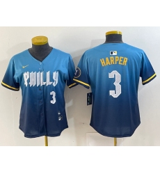 Women's Philadelphia Phillies #3 Bryce Harper Number Blue 2024 City Connect Limited Stitched Jerseys