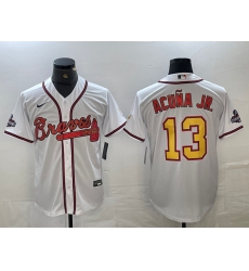 Men's Atlanta Braves #13 Ronald Acuna Jr White Gold 2021 World Series Champions Stitched Cool Base Jersey