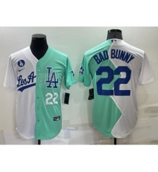 Men's Los Angeles Dodgers #22 Bad Bunny White Green Number 2022 Celebrity Softball Game Cool Base Jersey 1