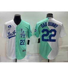 Mens Los Angeles Dodgers #22 Bad Bunny White Green Number 2022 Celebrity Softball Game Cool Base Jersey