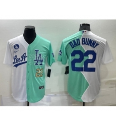 Men's Los Angeles Dodgers #22 Bad Bunny White Green Number 2022 Celebrity Softball Game Cool Base Jerseys