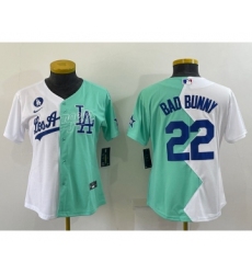 Women's Los Angeles Dodgers #22 Bad Bunny White Green Two Tone 2022 Celebrity Softball Game Cool Base Jersey2