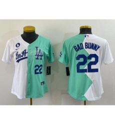 Youth Los Angeles Dodgers #22 Bad Bunny White Green Two Tone 2022 Celebrity Softball Game Cool Base Jersey1