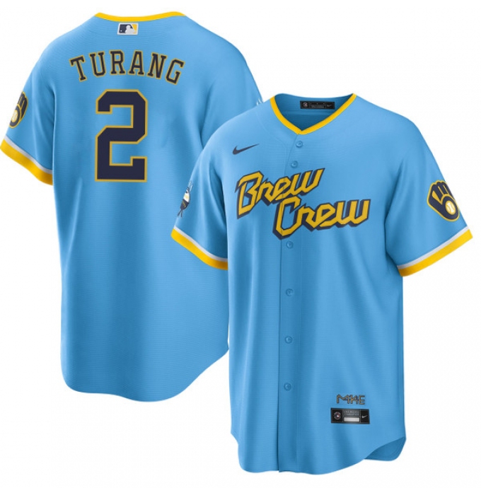 Men's Milwaukee Brewers #2 Brice Turang Blue 2022 City Connect Cool Base Stitched Jersey