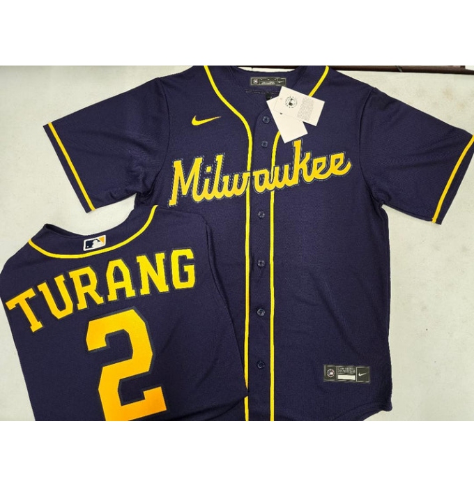 Men's Milwaukee Brewers #2 Brice Turang Navy Blue Stitched MLB Cool Base Nike Jersey