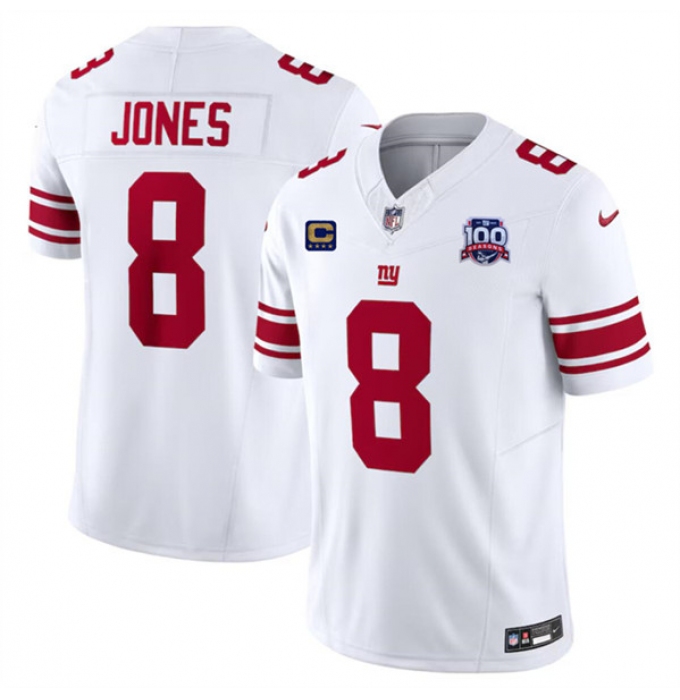 Men's New York Giants #8 Daniel Jones White 2024 F.U.S.E. With 4-Star C And 100TH Season Vapor Untouchable Limited Stitched Jersey