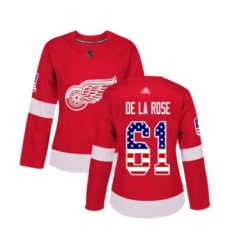 Women's Detroit Red Wings #61 Jacob de la Rose Authentic Red USA Flag Fashion Hockey Jersey
