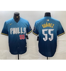 Men's Philadelphia Phillies #55 Ranger Suarez Blue 2024 City Player Number Cool Base Jerseys