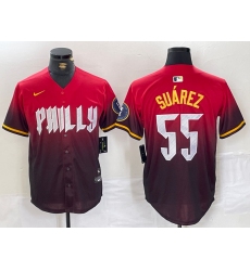 Men's Philadelphia Phillies #55 Ranger Suarez Red 2024 City Player Number Cool Base Jersey1