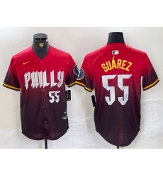 Mens Philadelphia Phillies #55 Ranger Suarez Red 2024 City Player Number Cool Base Jersey