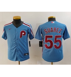 Youth Philadelphia Phillies #55 Ranger Suarez Light Blue Cooperstown Cool Base Jersey