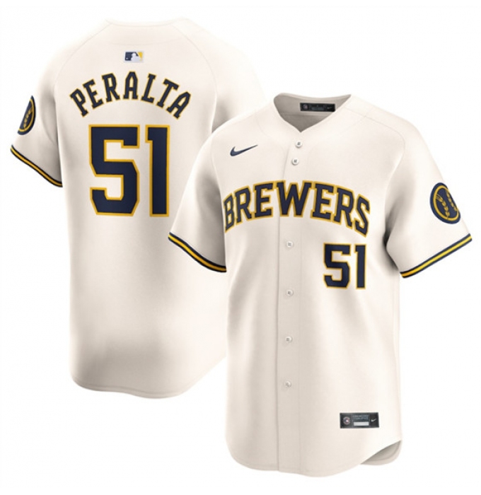 Men's Milwaukee Brewers #51 Freddy Peralta Cream Limited Stitched Baseball Jersey