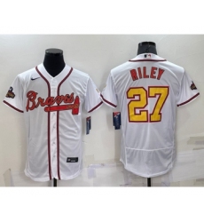 Men's Atlanta Braves #27 Austin Riley White Gold 2021 World Series Champions Stitched MLB Flex Base Jersey