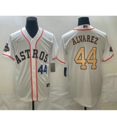 Mens Houston Astros #44 Yordan Alvarez Number 2023 White Gold World Serise Champions Cool Base Stitched Jersey