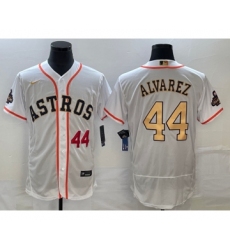 Men's Houston Astros #44 Yordan Alvarez Number 2023 White Gold World Serise Champions Flex Base Stitched Jersey2