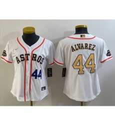 Women's Houston Astros #44 Yordan Alvarez Number 2023 White Gold World Serise Champions Cool Base Stitched Jersey1